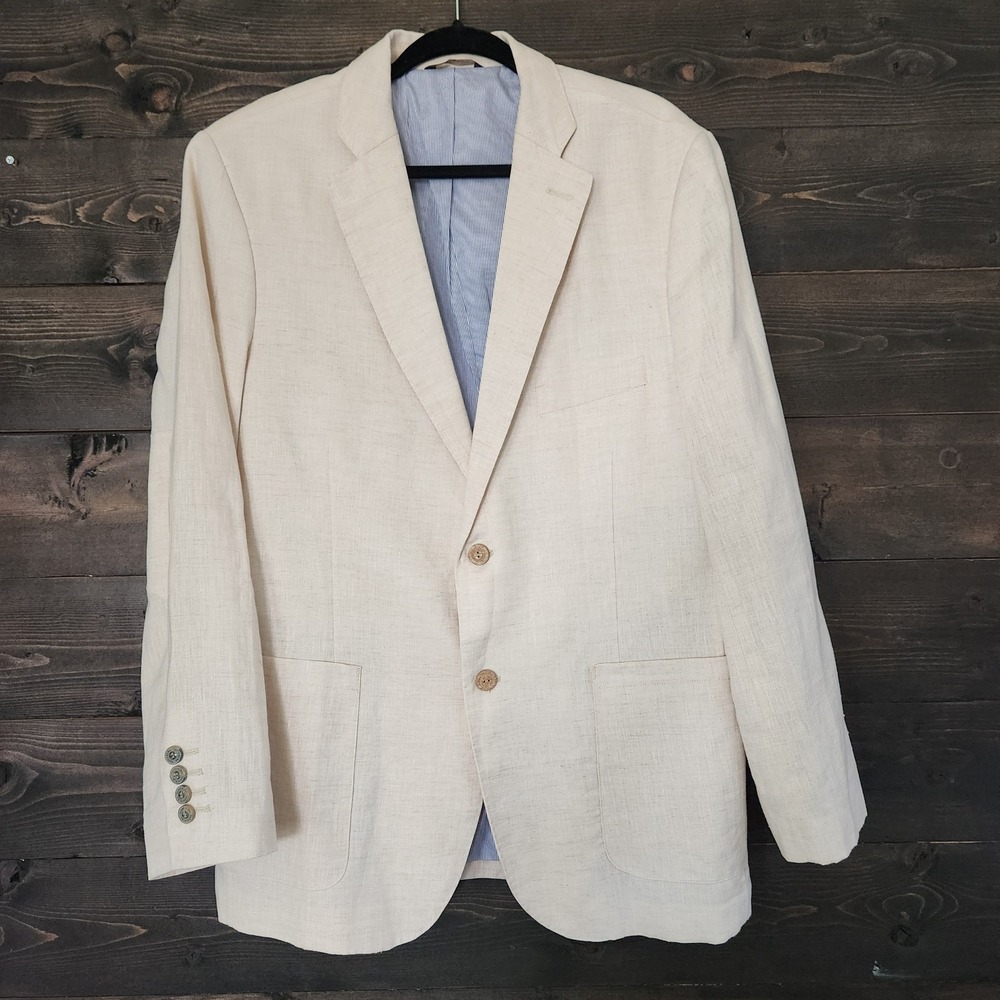 Tasso Elba Island Mens Linen Blazer Beige Elbow Patch Sport Coat L 42-44